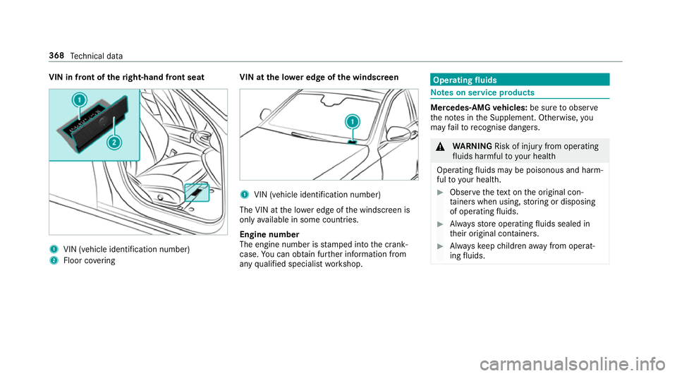 MERCEDES-BENZ E-CLASS SALOON 2017 Owners Manual VIN in front of the
right-hand front seat 1
VIN (vehicle identification number)
2 Floor co vering VIN at the lo
wer edge of the windscreen 1
VIN (vehicle identi fication number)
The VIN at the lo wer MERCEDES-BENZ E-CLASS SALOON 2017 Owners Manual VIN in front of the
right-hand front seat 1
VIN (vehicle identification number)
2 Floor co vering VIN at the lo
wer edge of the windscreen 1
VIN (vehicle identi fication number)
The VIN at the lo wer