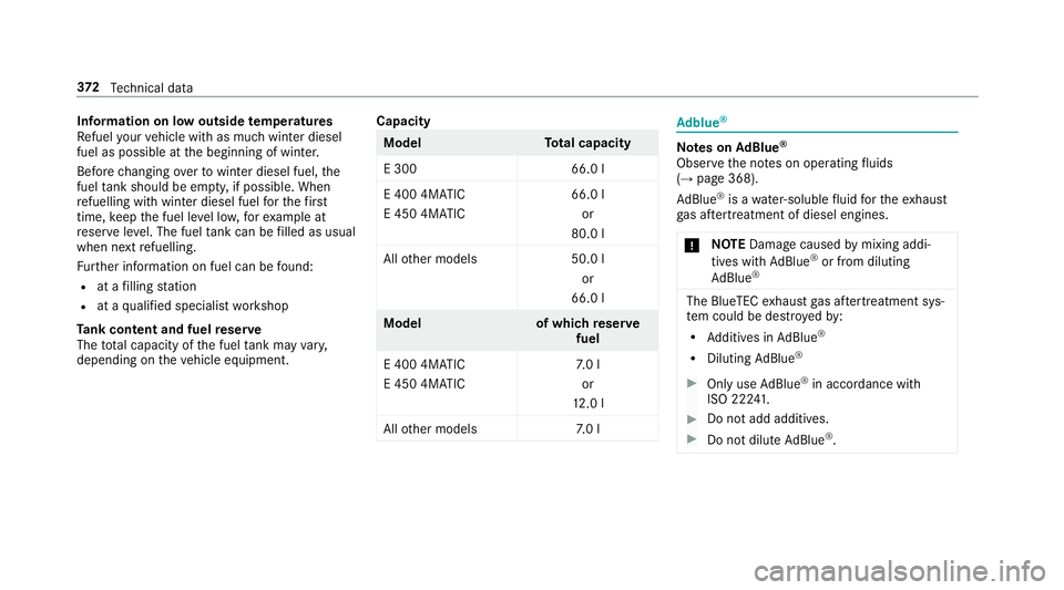 MERCEDES-BENZ E-CLASS SALOON 2017  Owners Manual Information on low outside
temperatures
Re fuel your vehicle with as much winter diesel
fuel as possible at the beginning of winter.
Before changing overto winter diesel fuel, the
fuel tank should be 