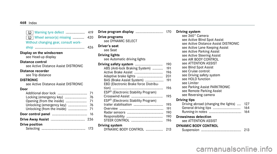 MERCEDES-BENZ E-CLASS SALOON 2017 Owners Manual h
Warning tyre defect ....................419
h Wheel sensor(s) missing ............ 420
Wi thout changing gear, consult work‐
shop ....................................................4 26
Display o MERCEDES-BENZ E-CLASS SALOON 2017 Owners Manual h
Warning tyre defect ....................419
h Wheel sensor(s) missing ............ 420
Wi thout changing gear, consult work‐
shop ....................................................4 26
Display o