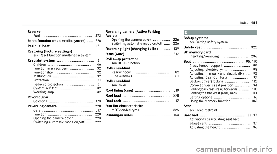 MERCEDES-BENZ E-CLASS SALOON 2017 Owners Manual Re
ser ve
Fu el ..................................................... 372
Re set function (multimedia sy stem) ...... 276
Re sidual heat ...........................................1 51
Re storing (fac MERCEDES-BENZ E-CLASS SALOON 2017 Owners Manual Re
ser ve
Fu el ..................................................... 372
Re set function (multimedia sy stem) ...... 276
Re sidual heat ...........................................1 51
Re storing (fac