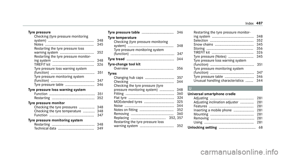 MERCEDES-BENZ E-CLASS SALOON 2017 Owners Manual Ty
re pressure
Checking (ty repressure monitoring
sy stem) ............................................... 348
No tes .................................................. 345
Re starting the tyre pressu MERCEDES-BENZ E-CLASS SALOON 2017 Owners Manual Ty
re pressure
Checking (ty repressure monitoring
sy stem) ............................................... 348
No tes .................................................. 345
Re starting the tyre pressu