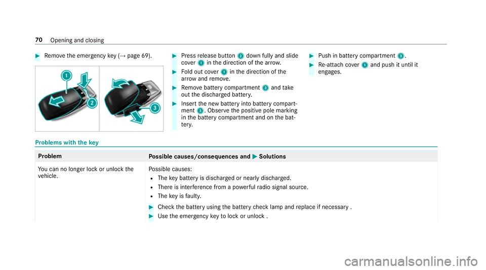 MERCEDES-BENZ E-CLASS SALOON 2017 Manual PDF #
Remo vethe emer gency key ( → page 69). #
Press release button 2down fully and slide
co ver1 inthe direction of the ar row. #
Fold out co ver1 inthe direction of the
ar row and remo ve. #
Remo veb MERCEDES-BENZ E-CLASS SALOON 2017 Manual PDF #
Remo vethe emer gency key ( → page 69). #
Press release button 2down fully and slide
co ver1 inthe direction of the ar row. #
Fold out co ver1 inthe direction of the
ar row and remo ve. #
Remo veb