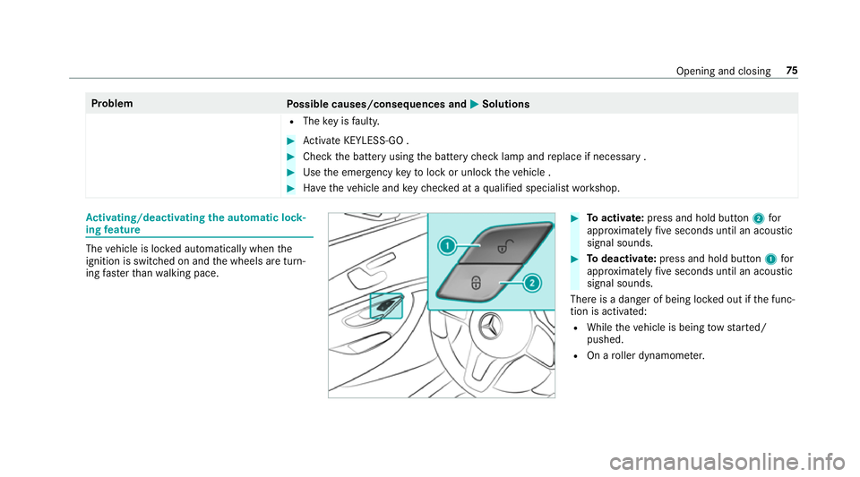 MERCEDES-BENZ E-CLASS SALOON 2017 Manual PDF Problem
Possible causes/consequences and M
MSolutions
R The key is faulty. #
Activate KEYLESS-GO . #
Check the battery using the battery check lamp and replace if necessary . #
Use the emer gency keyt MERCEDES-BENZ E-CLASS SALOON 2017 Manual PDF Problem
Possible causes/consequences and M
MSolutions
R The key is faulty. #
Activate KEYLESS-GO . #
Check the battery using the battery check lamp and replace if necessary . #
Use the emer gency keyt