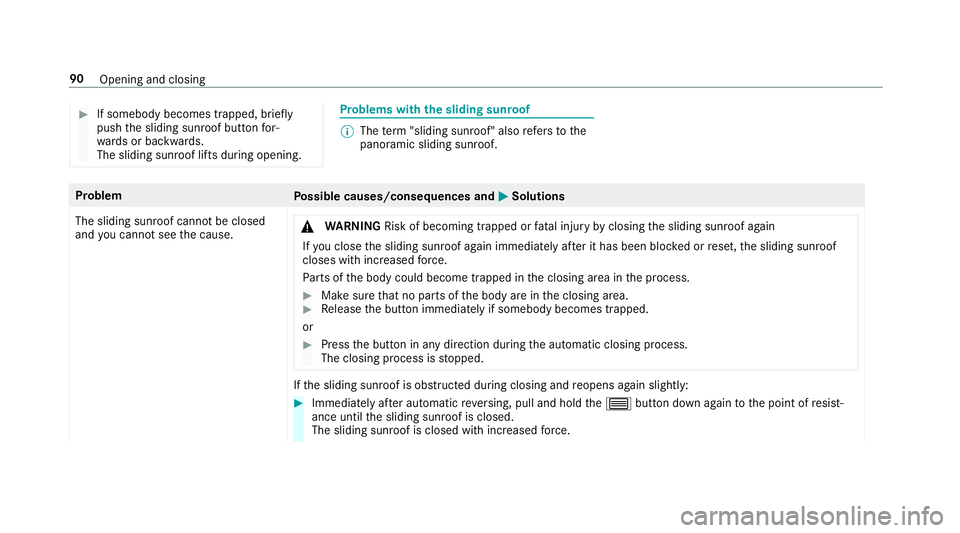 MERCEDES-BENZ E-CLASS SALOON 2017 Owners Manual #
If somebody becomes trapped, briefly
push the sliding sunroof button for‐
wa rds or backwards.
The sliding sunroof lifts during opening. Problems with
the sliding sunroof %
The term "sliding s MERCEDES-BENZ E-CLASS SALOON 2017 Owners Manual #
If somebody becomes trapped, briefly
push the sliding sunroof button for‐
wa rds or backwards.
The sliding sunroof lifts during opening. Problems with
the sliding sunroof %
The term "sliding s