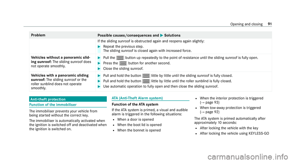 MERCEDES-BENZ E-CLASS SALOON 2017  Owners Manual Problem
Possible causes/consequences and M
MSolutions
If th e sliding sunroof is obstructed again and reopens again slightly: #
Repeat the pr evious step.
The sliding sunroof is closed again with incr
