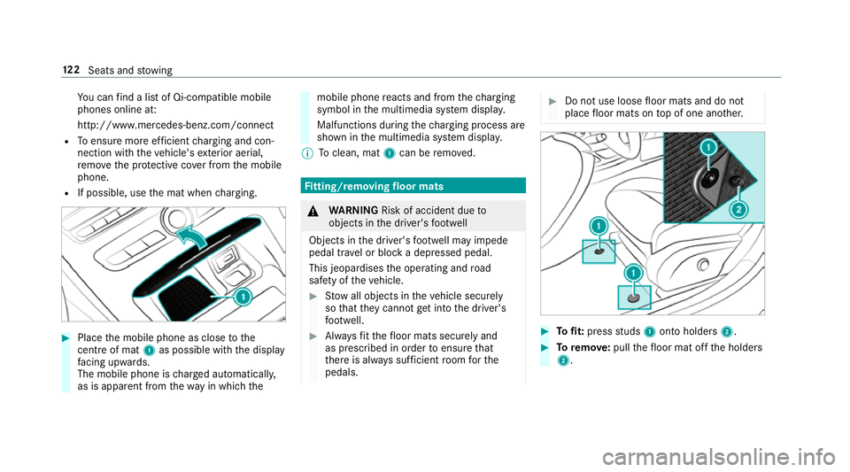 MERCEDES-BENZ E-CLASS SALOON 2016  Owners Manual Yo
u can find a li stof Qi-compatible mobile
phones online at:
http://www.mercedes-benz.com/connect
R Toensure more ef ficient charging and con‐
nection with theve hicle's exterior aerial,
re mo MERCEDES-BENZ E-CLASS SALOON 2016  Owners Manual Yo
u can find a li stof Qi-compatible mobile
phones online at:
http://www.mercedes-benz.com/connect
R Toensure more ef ficient charging and con‐
nection with theve hicle's exterior aerial,
re mo