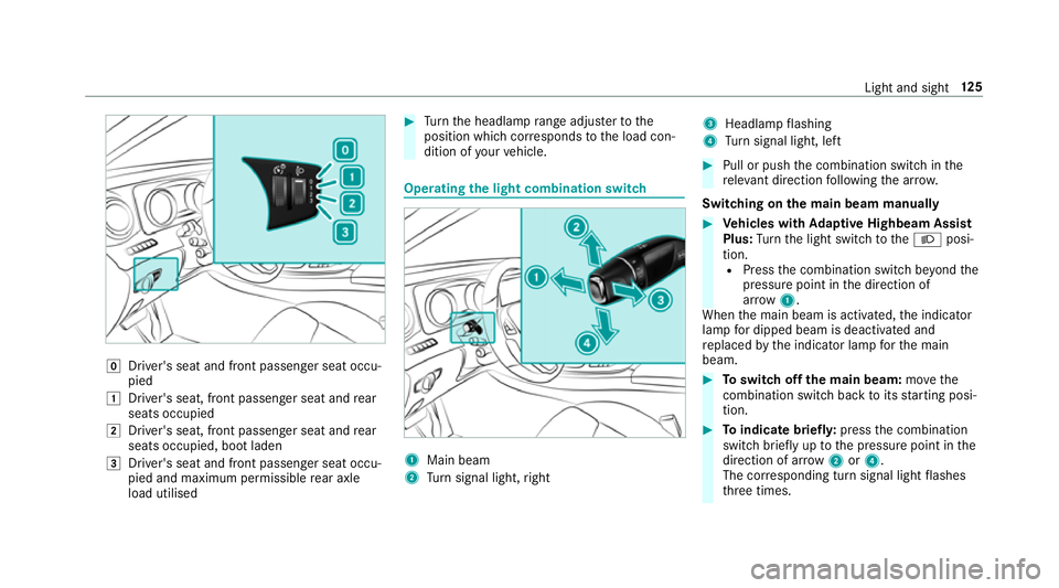 MERCEDES-BENZ E-CLASS SALOON 2016  Owners Manual g
Driver's seat and front passenger seat occu‐
pied
1 Driver's seat, front passenger seat and rear
seats occupied
2 Driver's seat, front passenger seat and rear
seats occupied, boot lade MERCEDES-BENZ E-CLASS SALOON 2016  Owners Manual g
Driver's seat and front passenger seat occu‐
pied
1 Driver's seat, front passenger seat and rear
seats occupied
2 Driver's seat, front passenger seat and rear
seats occupied, boot lade