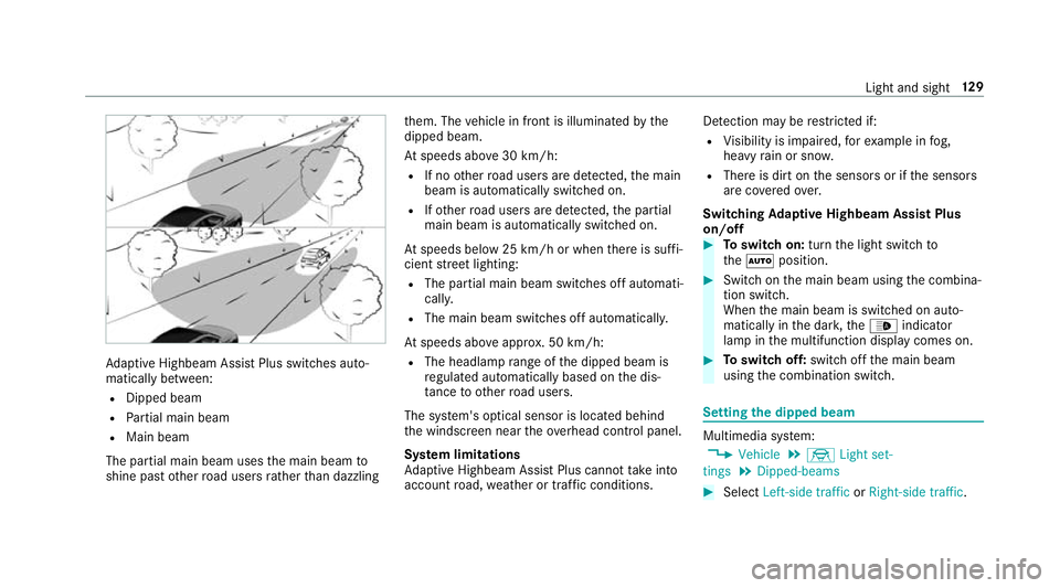 MERCEDES-BENZ E-CLASS SALOON 2016  Owners Manual Ad
aptive Highbeam Assist Plus swit ches auto‐
matically between:
R Dipped beam
R Partial main beam
R Main beam
The partial main beam uses the main beam to
shine past other road users rath er than d