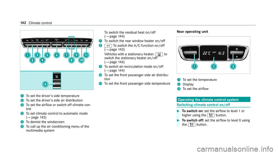 MERCEDES-BENZ E-CLASS SALOON 2016  Owners Manual 1
Toset the driver's side temp erature
2 Toset the driver's side air distribution
3 Toset the air flow or switch off climate con‐
trol
4 Toset climate contro lto automatic mode
(→ page 143