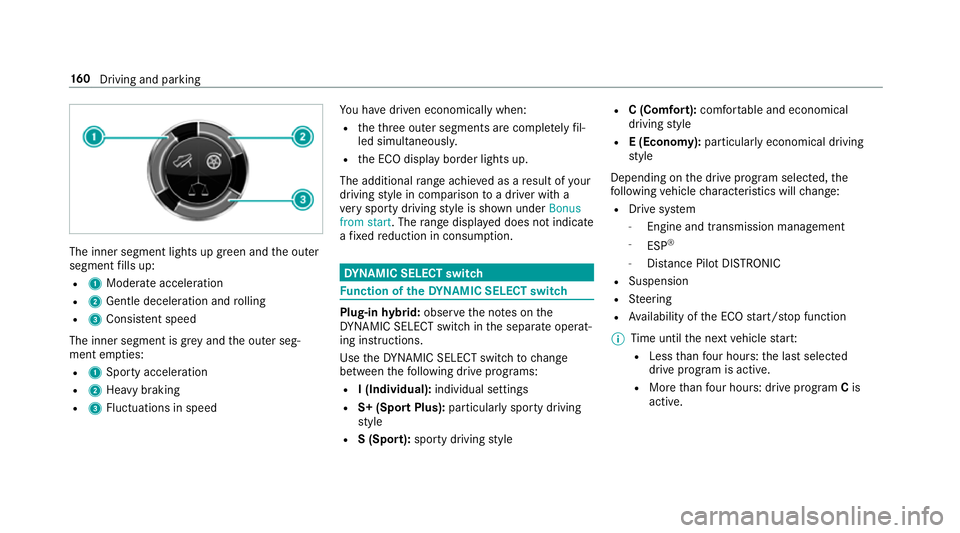 MERCEDES-BENZ E-CLASS SALOON 2016  Owners Manual The inner segment lights up green and
the outer
segment fills up:
R 1 Moderate acceleration
R 2 Gentle decele ration and rolling
R 3 Consis tent speed
The inner segment is gr eyand the outer seg‐
me MERCEDES-BENZ E-CLASS SALOON 2016  Owners Manual The inner segment lights up green and
the outer
segment fills up:
R 1 Moderate acceleration
R 2 Gentle decele ration and rolling
R 3 Consis tent speed
The inner segment is gr eyand the outer seg‐
me