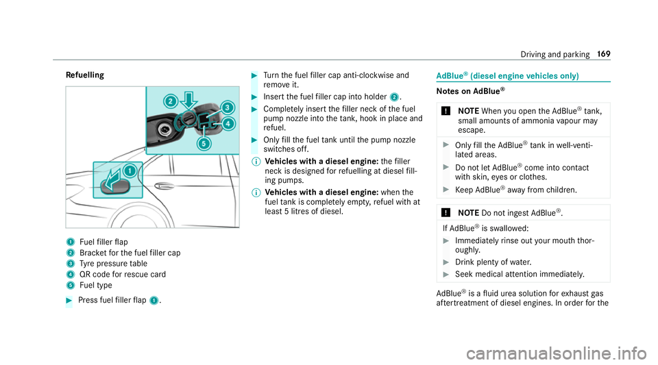 MERCEDES-BENZ E-CLASS SALOON 2016  Owners Manual Re
fuelling 1
Fuelfiller flap
2 Brac ketfo rth e fuel filler cap
3 Tyre pressure table
4 QR code forre scue card
5 Fuel type #
Press fuel filler flap 1. #
Turn the fuel filler cap anti-clockwise and
r
