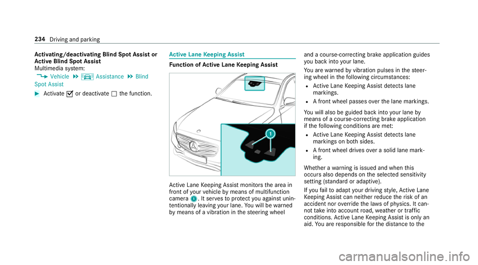 MERCEDES-BENZ E-CLASS SALOON 2016 Owners Manual Ac
tivating/deactivating Blind Spot Assi stor
Ac tive Blind Spot Assi st
Multimedia sy stem:
, Vehicle .
k Assistance .
Blind
Spot Assist #
Activate Oor deacti vate ª the function. Ac
tive Lane Keepi MERCEDES-BENZ E-CLASS SALOON 2016 Owners Manual Ac
tivating/deactivating Blind Spot Assi stor
Ac tive Blind Spot Assi st
Multimedia sy stem:
, Vehicle .
k Assistance .
Blind
Spot Assist #
Activate Oor deacti vate ª the function. Ac
tive Lane Keepi