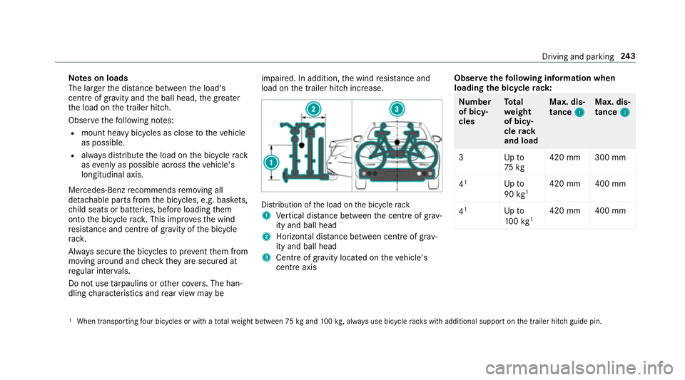 MERCEDES-BENZ E-CLASS SALOON 2016  Owners Manual Note
s on loads
The larger the dis tance between the load's
cent reof gr avity and the ball head, the greater
th e load on the trailer hitch.
Obser vethefo llowing no tes:
R mount heavy bicycles a MERCEDES-BENZ E-CLASS SALOON 2016  Owners Manual Note
s on loads
The larger the dis tance between the load's
cent reof gr avity and the ball head, the greater
th e load on the trailer hitch.
Obser vethefo llowing no tes:
R mount heavy bicycles a