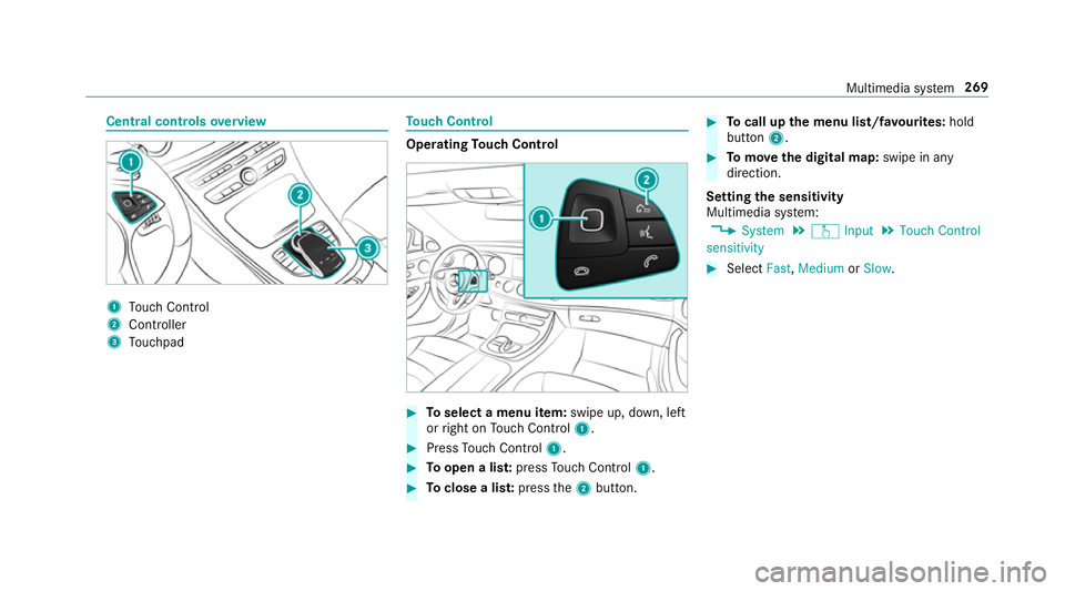 MERCEDES-BENZ E-CLASS SALOON 2016 Owners Manual Central controls
overview 1
Touch Control
2 Controller
3 Touchpad To
uch Control Operating
Touch Control #
Toselect a menu item: swipe up, down, left
or right on Touch Control 1. #
Press Touch Control MERCEDES-BENZ E-CLASS SALOON 2016 Owners Manual Central controls
overview 1
Touch Control
2 Controller
3 Touchpad To
uch Control Operating
Touch Control #
Toselect a menu item: swipe up, down, left
or right on Touch Control 1. #
Press Touch Control