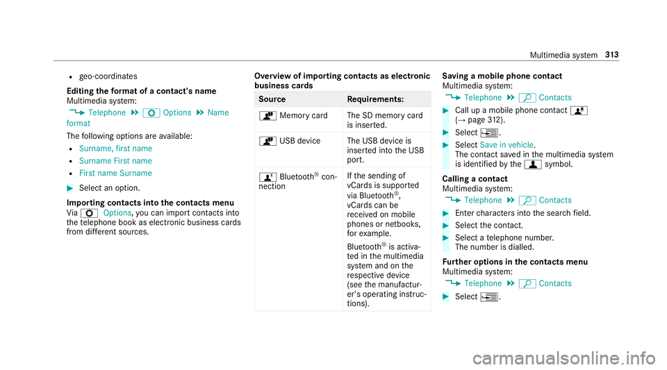 MERCEDES-BENZ E-CLASS SALOON 2016  Owners Manual R
geo-coordinates
Editing thefo rm at of a contact's name
Multimedia sy stem:
, Telephone .
Z Options .
Name
format
The following options are available:
R Surname, first name
R Surname First name
 MERCEDES-BENZ E-CLASS SALOON 2016  Owners Manual R
geo-coordinates
Editing thefo rm at of a contact's name
Multimedia sy stem:
, Telephone .
Z Options .
Name
format
The following options are available:
R Surname, first name
R Surname First name