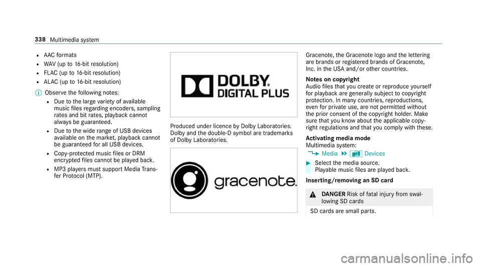 MERCEDES-BENZ E-CLASS SALOON 2016  Owners Manual R
AAC form ats
R WAV (up to16-bit resolution)
R FLAC (up to16-bit resolution)
R ALAC (up to16-bit resolution)
% Obser vethefo llowing no tes:
R Due tothe lar gevariet y of available
music files rega r MERCEDES-BENZ E-CLASS SALOON 2016  Owners Manual R
AAC form ats
R WAV (up to16-bit resolution)
R FLAC (up to16-bit resolution)
R ALAC (up to16-bit resolution)
% Obser vethefo llowing no tes:
R Due tothe lar gevariet y of available
music files rega r