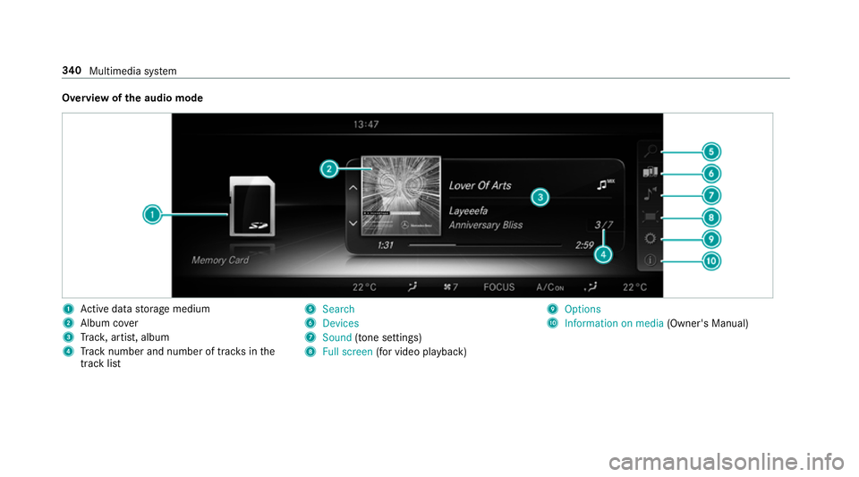 MERCEDES-BENZ E-CLASS SALOON 2016  Owners Manual Overview of
the audio mode 1
Active da tastorage medium
2 Album co ver
3 Trac k, artist, album
4 Track number and number of trac ksinthe
track li st 5
Search
6 Devices
7 Sound (tone settings)
8 Full s MERCEDES-BENZ E-CLASS SALOON 2016  Owners Manual Overview of
the audio mode 1
Active da tastorage medium
2 Album co ver
3 Trac k, artist, album
4 Track number and number of trac ksinthe
track li st 5
Search
6 Devices
7 Sound (tone settings)
8 Full s
