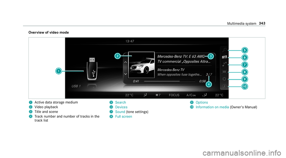 MERCEDES-BENZ E-CLASS SALOON 2016  Owners Manual Overview of video mode
1
Active da tastorage medium
2 Video playback
3 Title and scene
4 Track number and number of trac ksinthe
track li st 5
Search
6 Devices
7 Sound (tone settings)
8 Full screen 9
 MERCEDES-BENZ E-CLASS SALOON 2016  Owners Manual Overview of video mode
1
Active da tastorage medium
2 Video playback
3 Title and scene
4 Track number and number of trac ksinthe
track li st 5
Search
6 Devices
7 Sound (tone settings)
8 Full screen 9