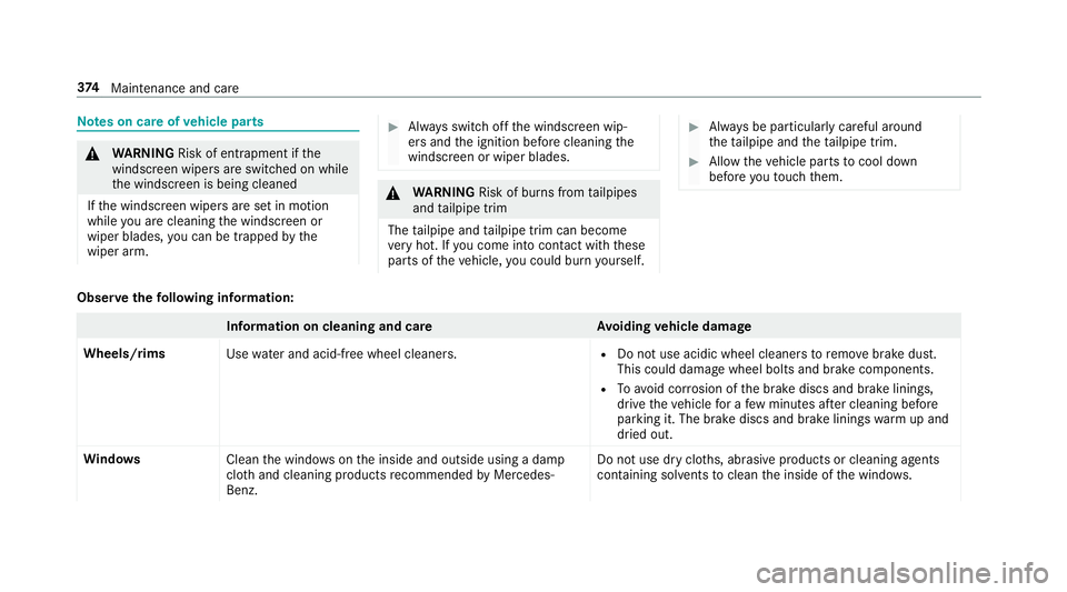 MERCEDES-BENZ E-CLASS SALOON 2016  Owners Manual Note
s on care of vehicle parts &
WARNING Risk of entrapment if the
windscreen wipers are swit ched on while
th e windscreen is being cleaned
If th e windscreen wipers are set in motion
while you are  MERCEDES-BENZ E-CLASS SALOON 2016  Owners Manual Note
s on care of vehicle parts &
WARNING Risk of entrapment if the
windscreen wipers are swit ched on while
th e windscreen is being cleaned
If th e windscreen wipers are set in motion
while you are