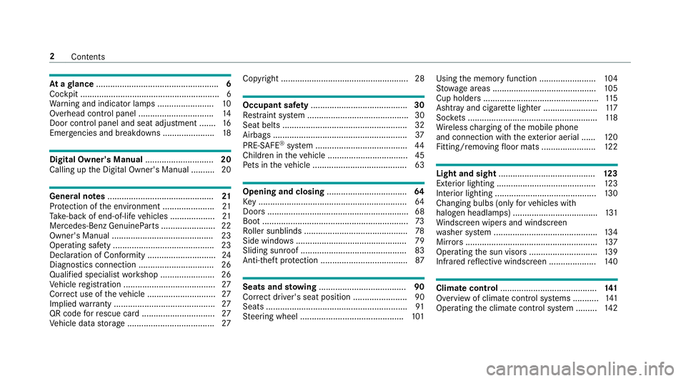 MERCEDES-BENZ E-CLASS SALOON 2016  Owners Manual At
agl ance .................................................... 6
Cockpit ........................................................... 6
Wa rning and indicator lamps ........................ 10
Overhe