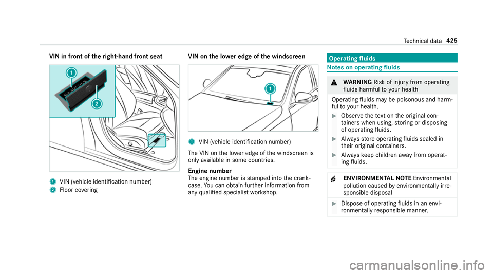 MERCEDES-BENZ E-CLASS SALOON 2016  Owners Manual VIN in front of the
right-hand front seat 1
VIN (vehicle identification number)
2 Floor co vering VIN on the lo
wer edge of the windscreen 1
VIN (vehicle identi fication number)
The VIN on the lo wer 