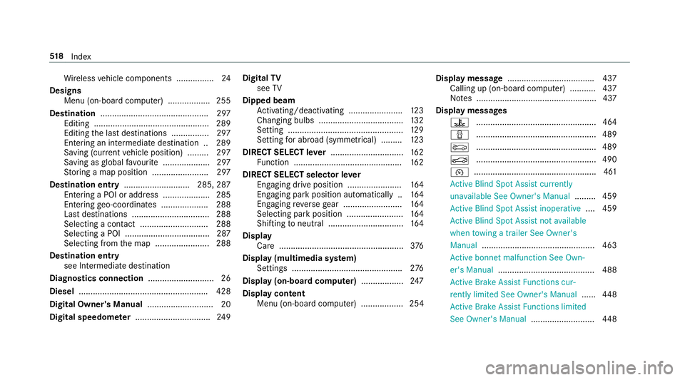 MERCEDES-BENZ E-CLASS SALOON 2016  Owners Manual Wi
reless vehicle components ................24
Designs Menu (on-board co mputer) .................. 255
Destination .............................................. 297
Editing ........................
