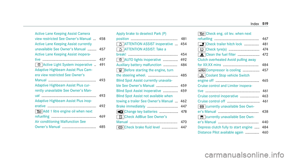 MERCEDES-BENZ E-CLASS SALOON 2016  Owners Manual Ac
tive Lane Keeping Assist Camera
view restricted See Owner's Manual ... 458
Ac tive Lane Keeping Assist cur rently
una vailable See Owner's Manual .........457
Ac tive Lane Keeping Assist in MERCEDES-BENZ E-CLASS SALOON 2016  Owners Manual Ac
tive Lane Keeping Assist Camera
view restricted See Owner's Manual ... 458
Ac tive Lane Keeping Assist cur rently
una vailable See Owner's Manual .........457
Ac tive Lane Keeping Assist in