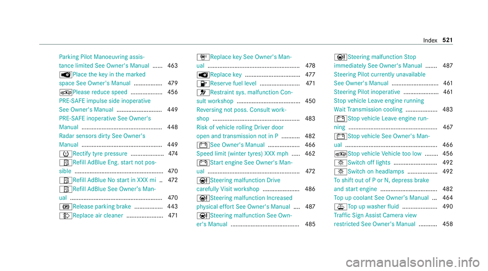 MERCEDES-BENZ E-CLASS SALOON 2016  Owners Manual Pa
rking Pilot Manoeuvring assis‐
ta nce limited See Owner's Manual ...... 463
ÂPlace theke y in the mar ked
space See Owner's Manual .................479
É Please reduce speed ...........