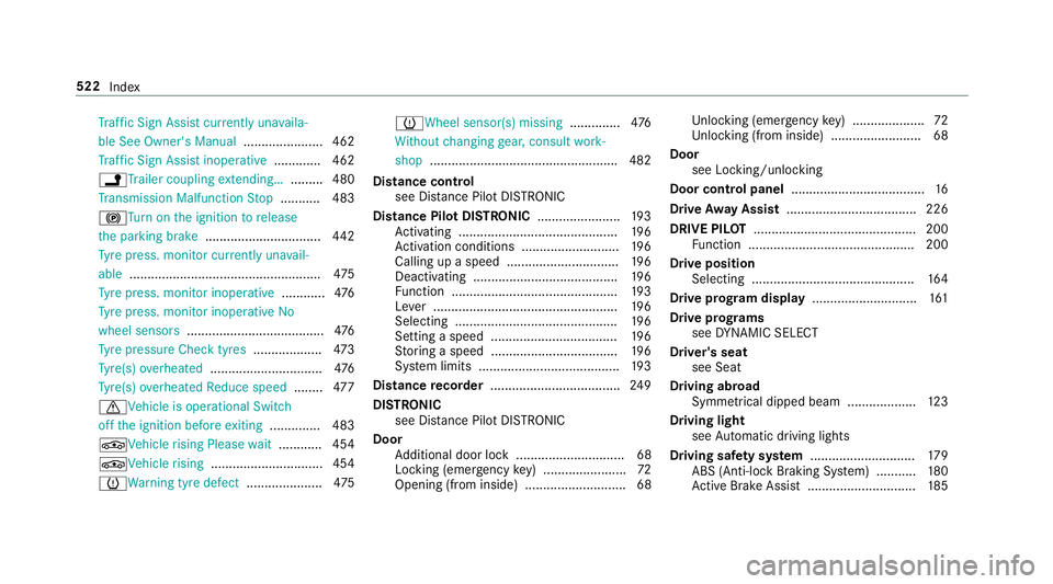 MERCEDES-BENZ E-CLASS SALOON 2016  Owners Manual Tr
af fic Sign Assi stcur rently una vaila‐
ble See Owner's Manual ...................... 462
Tr af fic Sign Assi stinope rative ............. 462
jTr ailer coupling extending… ......... 480
T