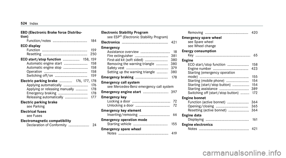 MERCEDES-BENZ E-CLASS SALOON 2016  Owners Manual EBD (Electronic Brake
forc e Distribu‐
tion)
Function/no tes ................................... 184
ECO display Function .............................................. 15 9
Re setting .............