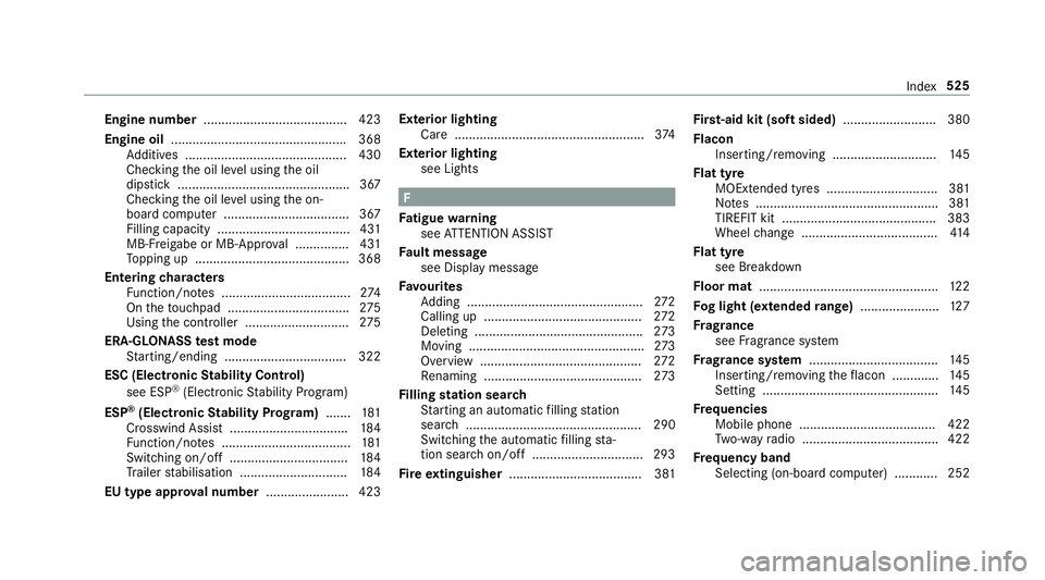 MERCEDES-BENZ E-CLASS SALOON 2016  Owners Manual Engine number
........................................ 423
Engine oil ................................................ .368
Ad ditives .............................................4 30
Che cking the o