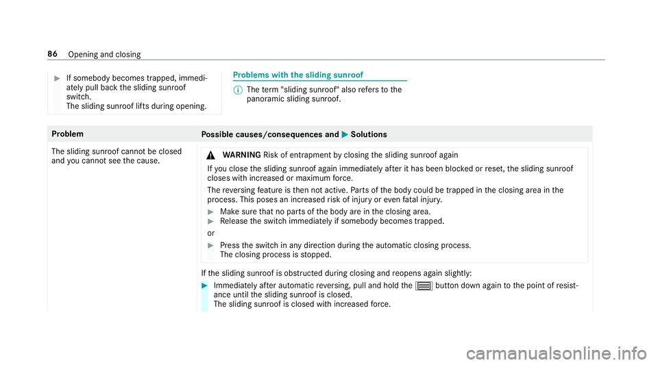 MERCEDES-BENZ E-CLASS SALOON 2016 Manual Online #
If somebody becomes trapped, immedi‐
ately pull back the sliding sunroof
switch.
The sliding sunroof lifts during opening. Problems with
the sliding sunroof %
The term "sliding sun roof" a MERCEDES-BENZ E-CLASS SALOON 2016 Manual Online #
If somebody becomes trapped, immedi‐
ately pull back the sliding sunroof
switch.
The sliding sunroof lifts during opening. Problems with
the sliding sunroof %
The term "sliding sun roof" a