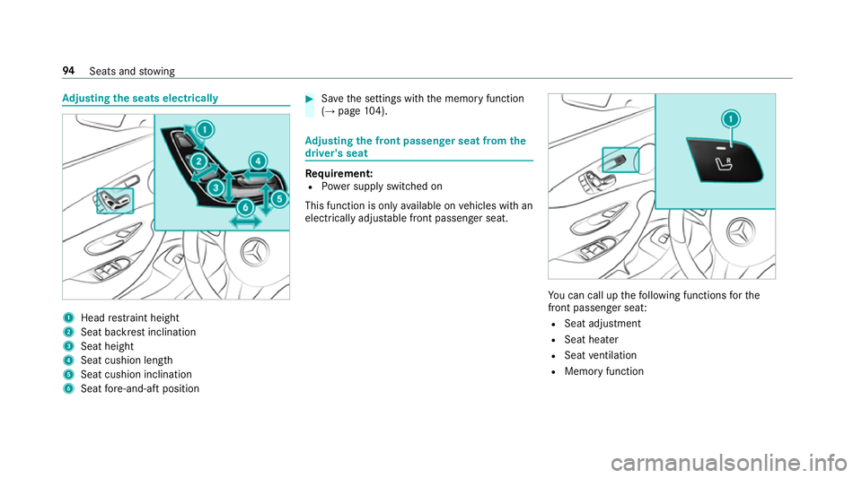 MERCEDES-BENZ E-CLASS SALOON 2016  Owners Manual Ad
justing the seats electrically 1
Head restra int height
2 Seat backrest inclination
3 Seat height
4 Seat cushion length
5 Seat cushion inclination
6 Seat fore -and-aft position #
Save the settings  MERCEDES-BENZ E-CLASS SALOON 2016  Owners Manual Ad
justing the seats electrically 1
Head restra int height
2 Seat backrest inclination
3 Seat height
4 Seat cushion length
5 Seat cushion inclination
6 Seat fore -and-aft position #
Save the settings