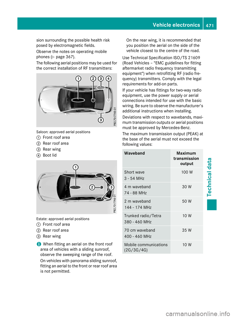 MERCEDES-BENZ E-CLASS SALOON 2015 Owners Manual sion surrounding the possible health risk
posed by electromagnetic fields.
Observe the notes on operating mobile
phones (Y page 367).
The following aerialp ositions may be used for
the correct install MERCEDES-BENZ E-CLASS SALOON 2015 Owners Manual sion surrounding the possible health risk
posed by electromagnetic fields.
Observe the notes on operating mobile
phones (Y page 367).
The following aerialp ositions may be used for
the correct install