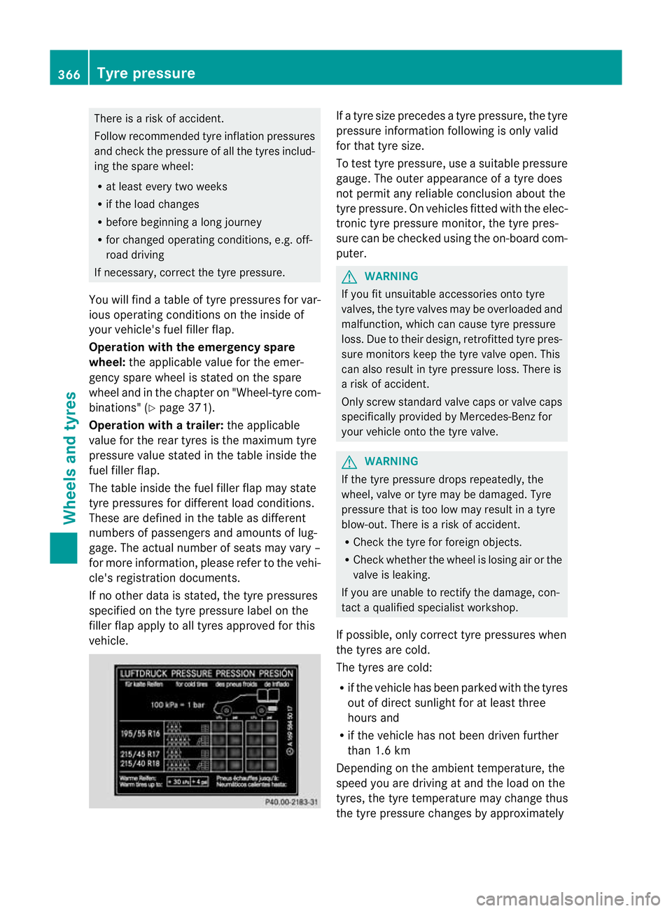 MERCEDES-BENZ E-CLASS SALOON 2011 Owners Manual There is a risk of accident.
Follow recommended tyre inflation pressures
and check the pressure of all the tyres includ-
ing the spare wheel:
R
at least every two weeks
R if the load changes
R before MERCEDES-BENZ E-CLASS SALOON 2011 Owners Manual There is a risk of accident.
Follow recommended tyre inflation pressures
and check the pressure of all the tyres includ-
ing the spare wheel:
R
at least every two weeks
R if the load changes
R before