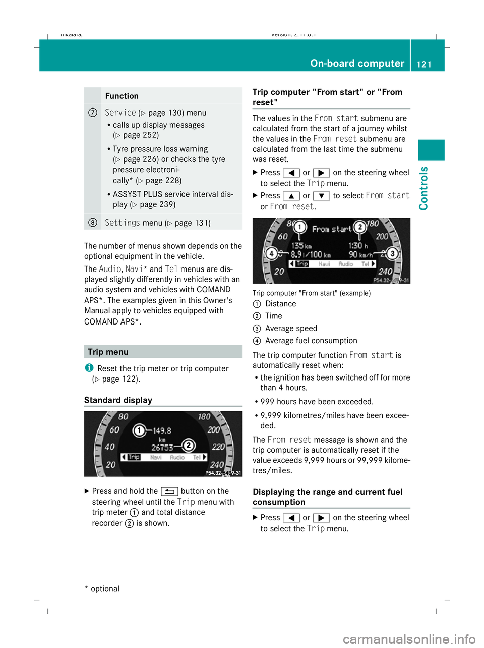 MERCEDES-BENZ E-CLASS SALOON 2009 Owners Manual Function
C
Service
(Ypage 130) menu
R calls up display messages
(Y page 252)
R Tyre pressure loss warning
(Y page 226) or checks the tyre
pressure electroni-
cally* (Y page 228)
R ASSYST PLUS service MERCEDES-BENZ E-CLASS SALOON 2009 Owners Manual Function
C
Service
(Ypage 130) menu
R calls up display messages
(Y page 252)
R Tyre pressure loss warning
(Y page 226) or checks the tyre
pressure electroni-
cally* (Y page 228)
R ASSYST PLUS service