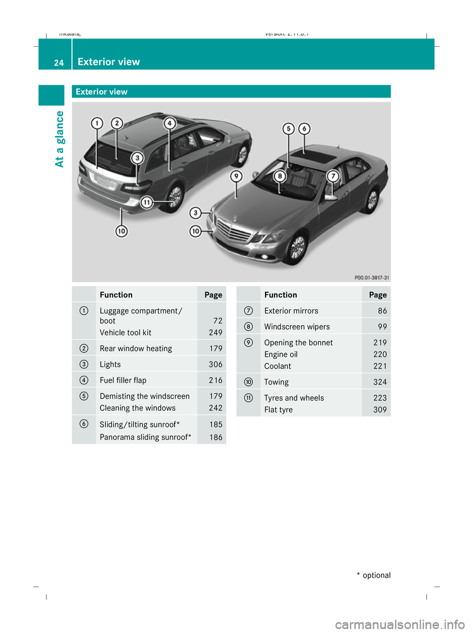 MERCEDES-BENZ E-CLASS SALOON 2009 Owners Manual Exterior view
Function Page
:
Luggage compartment/
boot
72
Vehicle tool kit 249
;
Rear window heating 179
=
Lights 306
?
Fuel filler flap 216
A
Demisting the windscreen 179
Cleaning the windows 242
B
MERCEDES-BENZ E-CLASS SALOON 2009 Owners Manual Exterior view
Function Page
:
Luggage compartment/
boot
72
Vehicle tool kit 249
;
Rear window heating 179
=
Lights 306
?
Fuel filler flap 216
A
Demisting the windscreen 179
Cleaning the windows 242
B