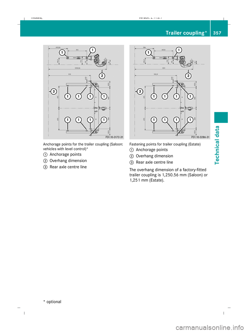 MERCEDES-BENZ E-CLASS SALOON 2009 Owners Manual Anchorage points for the trailer coupling (Saloon:
vehicles with level control)*
:
Anchorage points
; Overhang dimension
= Rear axle centre line Fastening points for trailer coupling (Estate)
:
Anchor MERCEDES-BENZ E-CLASS SALOON 2009 Owners Manual Anchorage points for the trailer coupling (Saloon:
vehicles with level control)*
:
Anchorage points
; Overhang dimension
= Rear axle centre line Fastening points for trailer coupling (Estate)
:
Anchor