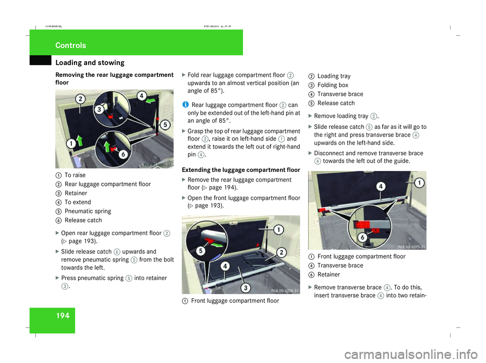 MERCEDES-BENZ E-CLASS SALOON 2008 Owners Manual Loading and stowing
194
Removing the rear luggage compartment
floor 1
To raise
2 Rear luggage compartment floor
3 Retainer
4 To extend
5 Pneumatic spring
6 Release catch
X Open rear luggage compartmen MERCEDES-BENZ E-CLASS SALOON 2008 Owners Manual Loading and stowing
194
Removing the rear luggage compartment
floor 1
To raise
2 Rear luggage compartment floor
3 Retainer
4 To extend
5 Pneumatic spring
6 Release catch
X Open rear luggage compartmen