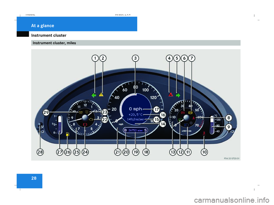 MERCEDES-BENZ E-CLASS SALOON 2008 Owners Guide Instrument cluster
28 Instrument cluster, milesAt a glance
211_AKB; 2; 5, en-GB
mkalafa
, Version: 2.9.4
2008-02-29T16:57:07+01:00 - Seite 28 Dateiname: 6515_3416_02_buchblock.pdf; preflight MERCEDES-BENZ E-CLASS SALOON 2008 Owners Guide Instrument cluster
28 Instrument cluster, milesAt a glance
211_AKB; 2; 5, en-GB
mkalafa
, Version: 2.9.4
2008-02-29T16:57:07+01:00 - Seite 28 Dateiname: 6515_3416_02_buchblock.pdf; preflight