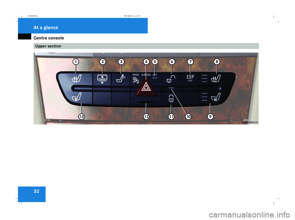 MERCEDES-BENZ E-CLASS SALOON 2008 Owners Guide Centre console
32 Upper sectionAt a glance
211_AKB; 2; 5, en-GB
mkalafa,
Version: 2.9.4
2008-02-29T16:57:07+01:00 - Seite 32 Dateiname: 6515_3416_02_buchblock.pdf; preflight MERCEDES-BENZ E-CLASS SALOON 2008 Owners Guide Centre console
32 Upper sectionAt a glance
211_AKB; 2; 5, en-GB
mkalafa,
Version: 2.9.4
2008-02-29T16:57:07+01:00 - Seite 32 Dateiname: 6515_3416_02_buchblock.pdf; preflight