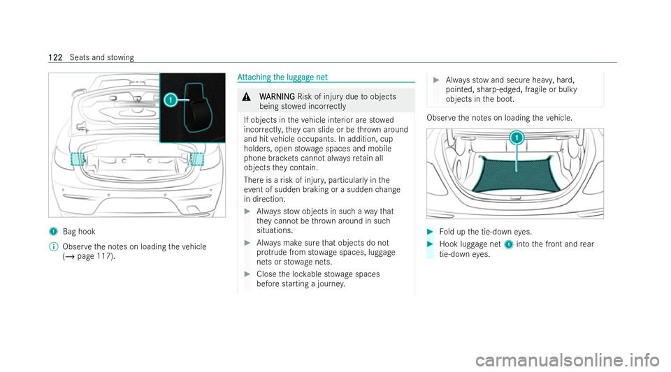 MERCEDES-BENZ E-CLASS CABRIOLET 2022  Owners Manual 1
Bag hook
% Obser vethe no tes on loading theve hicle
(/ page 117). A
A
tt
tt ac
ac hing t
hing t he lugg
he lugg ag
age net
e net &
W
WARNING
ARNING Risk of injury due toobjects
being st owed incor 
