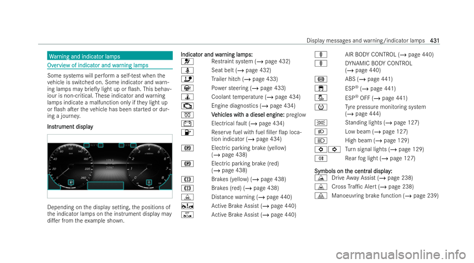 MERCEDES-BENZ E-CLASS CABRIOLET 2022  Owners Manual W
W
ar
ar ning and indicat
ning and indicat or lam
or lamps
ps Ov
Ov
er
ervie
vie w of indicat
w of indicat or and w
or and war
arning lam
ning lam ps
ps Some systems will per
form a self-test when th