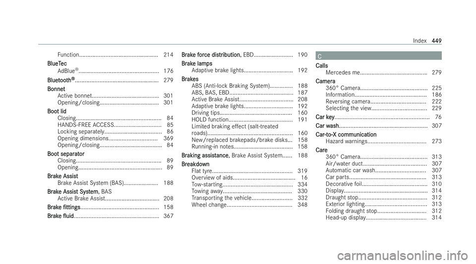 MERCEDES-BENZ E-CLASS CABRIOLET 2022  Owners Manual Fu
nction................................................ 214
BlueT
BlueT ec
ec
Ad Blue ®
................................................ .176
Bluet
Bluet ooth
oo th®
®
...........................