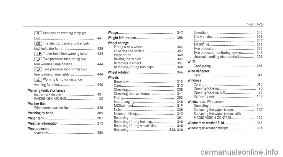 MERCEDES-BENZ E-CLASS CABRIOLET 2022  Owners Manual ä
Suspension warning lamp (yel-
low)....................................................... 441
! The electric parking brake (yel-
low) indicator lam p................................. 438
ï Trailer