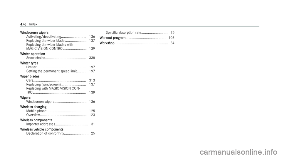 MERCEDES-BENZ E-CLASS CABRIOLET 2022  Owners Manual W
W
indscr
indscr een wipers
een wipers
Ac tivating/deactivating.......................... 136
Re placing the wiper blades.....................1 37
Re placing the wiper blades with
MAGIC VISION CONTRO