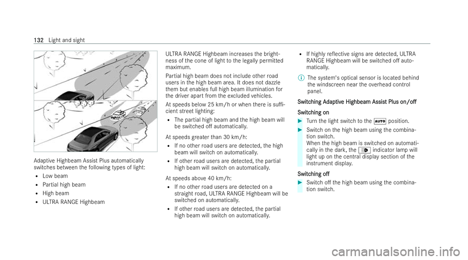 MERCEDES-BENZ E-CLASS CABRIOLET 2021 User Guide Ad
aptive Highbeam Assist Plus automatically
switches between thefo llowing types of light:
R Low beam
R Partial high beam
R High beam
R ULTRA RANGE Highbeam ULTRA RANGE Highbeam increases
the bright-