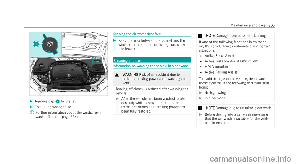 MERCEDES-BENZ E-CLASS CABRIOLET 2021  Owners Manual #
Remo vecap 1bytheta b. #
Top up thewa sher 0uid.
% Further information about the windscreen
wa sher 0uid (/ page 366) K
K
eeping t
eeping t he air
he air-w
-wat
ater duct fr
er duct fr ee
ee #
Kee