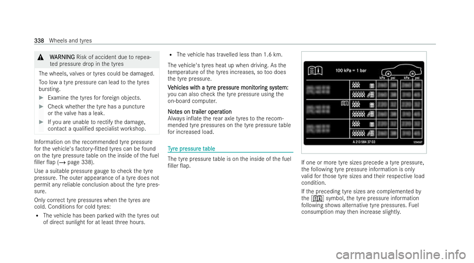 MERCEDES-BENZ E-CLASS CABRIOLET 2021 Owners Manual &
W
WARNI NG
ARNI NGRisk of accident due torepea-
te d pressure drop in the tyres
The wheels, valves or tyres could be damaged.
To o low a tyre pressure can lead tothe tyres
bursting. #
Examine the ty