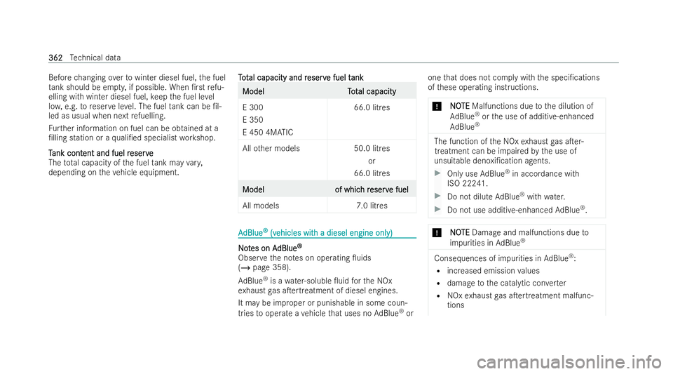 MERCEDES-BENZ E-CLASS CABRIOLET 2021  Owners Manual Before
changing over towinter diesel fuel, the fuel
ta nk should be em pty, if possible. When /rst refu-
elling wi thwinter diesel fuel, keep the fuel le vel
lo w, e.g. toreser veleve l. The fuel tan